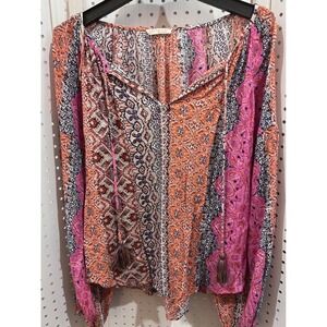 LOVESTITCH Bohemian Patchwork Print Long Sleeve Tassel Tie Blouse Size S